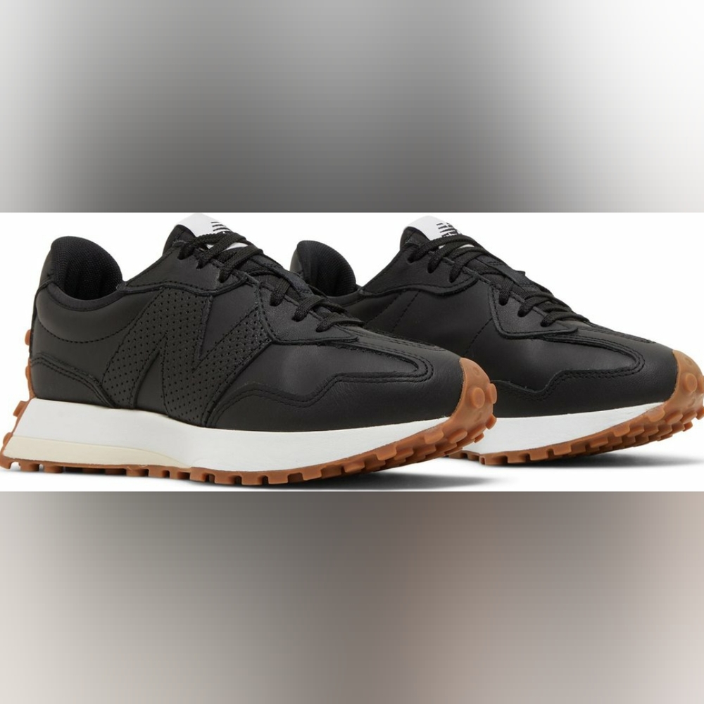 New Balance 327 Black Leather/Gum sole